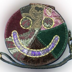 Lucky Brand Round Smiley Face Paisley Patchwork Boho Hippie Wristlet